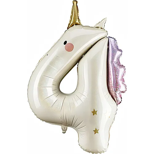 PartyDeco Folienballon Zahl 4 Einhorn mit hellrosa & goldigen Details