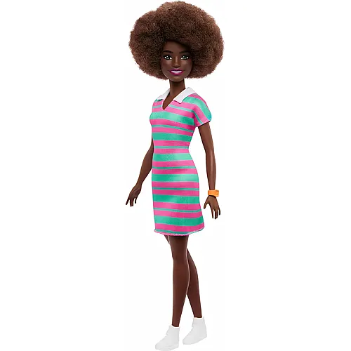 Barbie Fashionistas Puppe mit lockigem schwarzem Haar, rosa-gr�n gestreiftem Kleid (Nr.247)