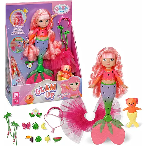 Zapf Creation Baby Born Glam Up Sunshine, Meerjungfrau mit Langen rosa Haaren Haaren mit UV-Farbeffekt