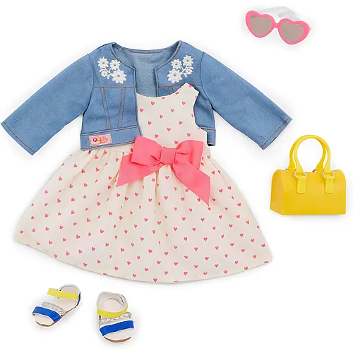 Our Generation Kleid mit Herzmotiv & Jeansjacke - 46 cm