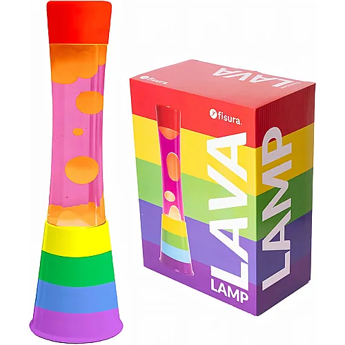 Regenbogen-Lavalampe. Mehrfarbige Regenbogenbasis, rosa Fl�ssigkeit und orangefarbene Lava