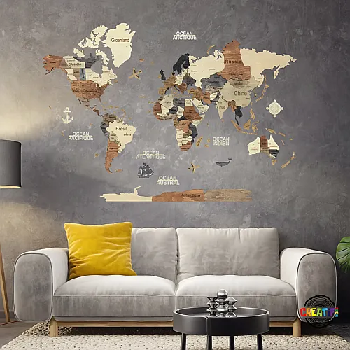 Creatif Wood Carte DU Monde 3D Multicolor M 70x100cm
