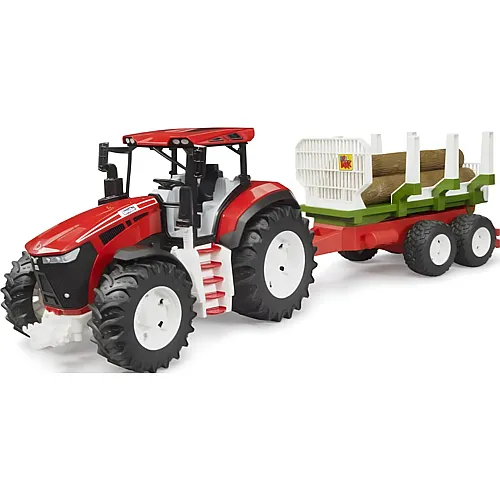 Traktor mit Rückeanhänger und 3 Baumstämmen