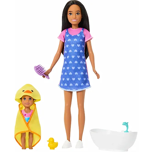 Barbie Skipper Babysitters Inc. Puppe Br�nette mit Kleinkind und Badewanne