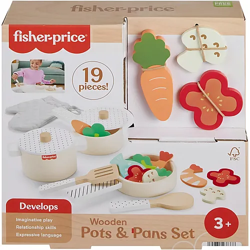 Fisher-Price Kochgeschirr-Set aus Holz f�r Rollenspiele, 19 Holzteile f�r Kindergartenkinder ab drei Jahren, HXT83