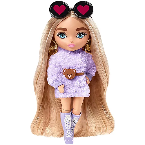 Minis Puppe Blond mit lila Flauschkleid