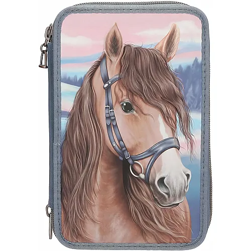 Depesche 13415 Miss Melody - Gef�llte 3-Fach Federtasche in Blau, mit 3D-Effekt und Pferde Motiv, Federmappe mit Buntstiften