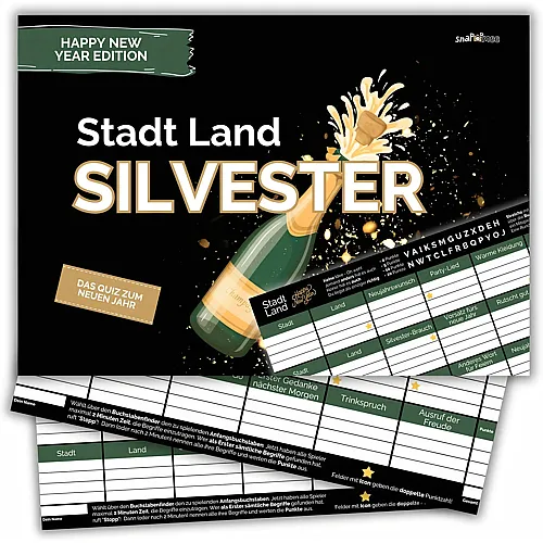 Fotospiel Stadt Land Silvester by snaPmee - Ratespiel zur Neujahrs-Party- Familienspiel + Partyspiel - 50 Blatt Din-A4