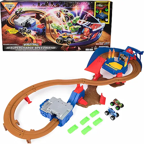 Spin Master Monster Jam, Supercharge Speedway Spielset, mit den Trucks Megalodon und EL Toro Loco im Ma�stab 1:64, actiongeladene motorisierte Stunt-Strecke mit Rampen, Beleuchtung und viel Zubeh�r, ab 3 Jahren
