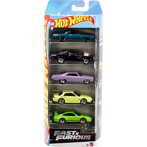 Hot Wheels Fast & Furious Spielzeugautos, Set aus 5 Die-Cast-Fahrzeugen im Massstab 1:64, inspiriert von und bekannt aus der Filmreihe, JDR19