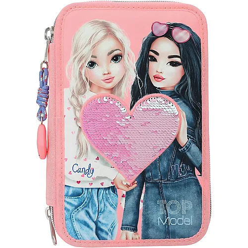Gef�llte 3-Fach Federtasche in Rosa, mit Model Motiv und Wendepailletten
