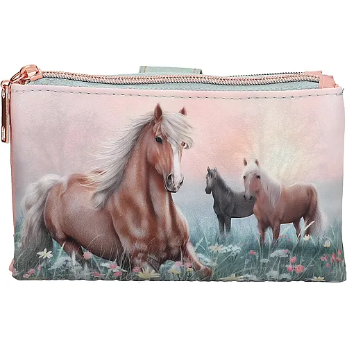 Depesche Miss Melody Romantic Fields - Portemonnaie in Gr�n und Rosa, mit Pferde Motiv und Blumenwiese, Geldb�rse mit