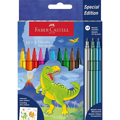 Faber-Castell Kartonetui mit Filzstiften - 10 klassische Farben + 3 Metallstifte - Dinosaurier-Edition - 13 Teile