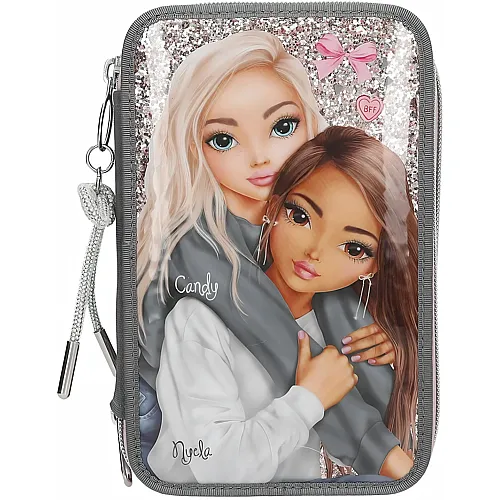 Depesche TOPModel My BFF - Gef�llte 3-Fach Federtasche in Grau und Rosa, mit Model Motiv und Glitzer, Federmappe mit