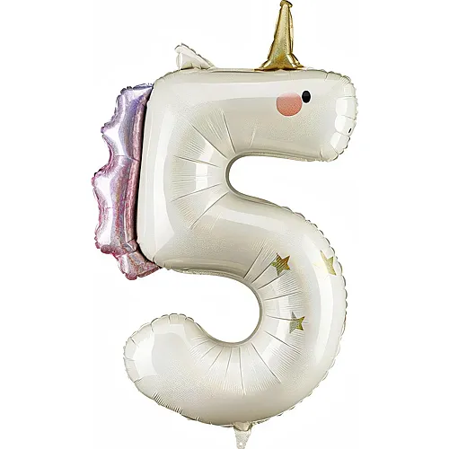 PartyDeco Folienballon Zahl 5 Einhorn mit hellrosa & goldigen Details
