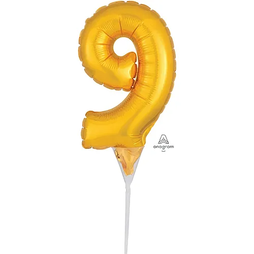 Amscan Folienballon Zahl 9 gold 15cm Kuchendeko mitHalter im Beutel