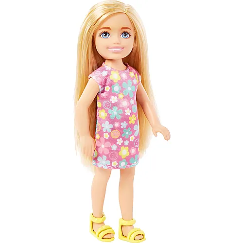 Puppe im lila geblmten Kleid und blonden Haaren