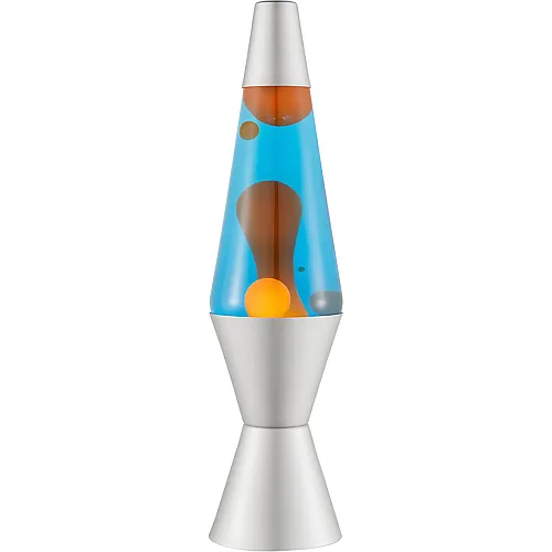 Lampe orangenes Wachs, blaue Fl�ssigkeit, silberner Sockel