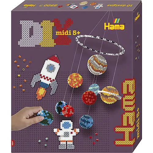 Hama Perlen 3257 B�gelperlen Weltraum, Geschenkpackung mit ca. 2.500 Midi-Perlen, 2 Stiftplatten, Mobile-Ring, Schnur, Motiv-Vorlage, B�gelpapier, f�r Kinder ab 5 Jahren