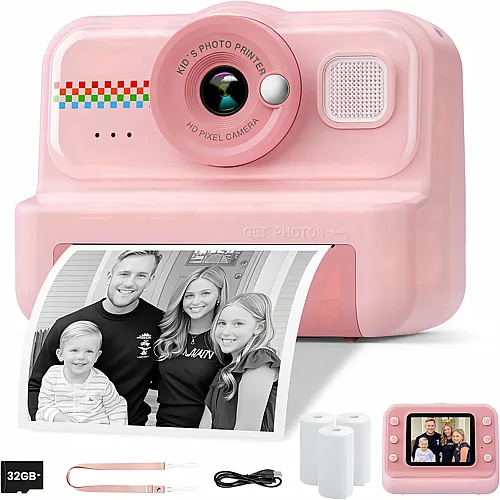 HiMont Kinderkamera Sofortbildkamera, 1080P Sofortbildkamera Kinder mit 32GB Karte & 3 Rollen Druckpapier, lustige
