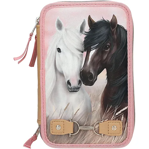 Depesche Miss Melody Dusty Rose - Gef�llte 3-Fach Federtasche in Altrosa, mit Pferde Motiv und Zier-Verschluss, Federmappe mit
