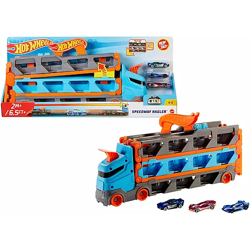 Hot Wheels 2:1 Autorennbahn zu Transporter, inkl. 3 Spielzeugautos, mit Doppelstarter, Ausl�sefunktion und Weiche, Platz f�r 20