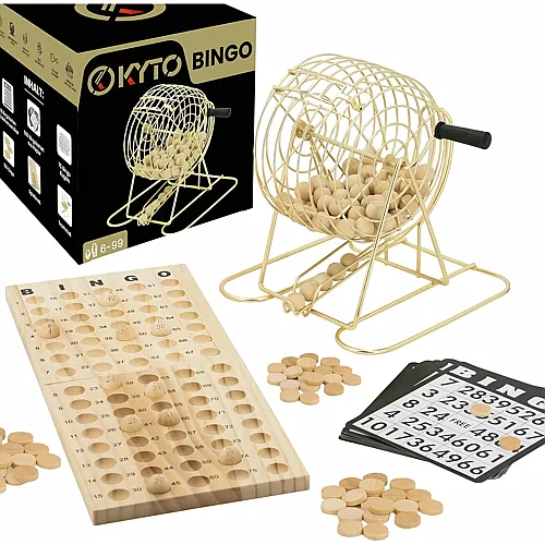 Kyto Grosses Bingo Spiel Gold Metalltrommel 150 Chips, 75 Bingo Kugeln und Spielbrett aus Holz, 18 stabile Bingokarten + 500 Bingokarten Papier Erwachsene Kinder