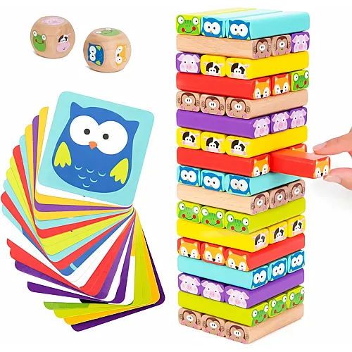 Nene Toys 4in1 Wackelturm aus Holz mit Farben und Tieren