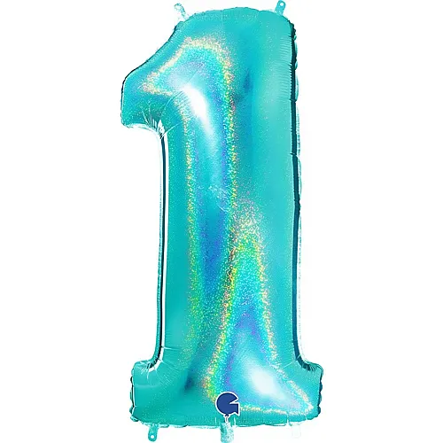 Ballon aluminium chiffre 1 paillet�, holographique turquoise - 102 cm