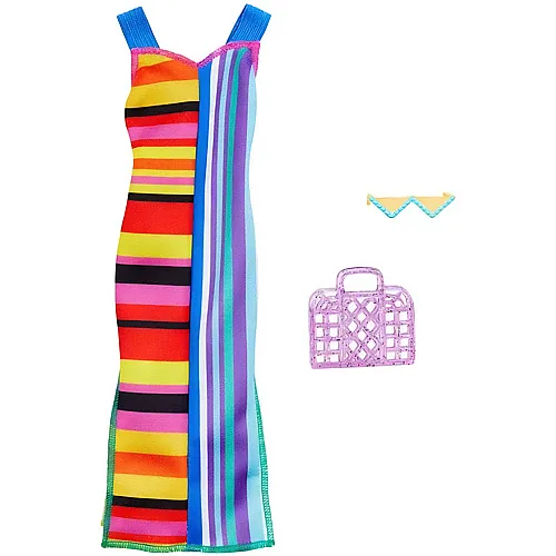 Langes Kleid mit Grafik, Handtasche und Sonnenbrille