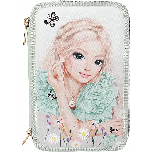 Depesche TOPModel Summer Feeling - Gef�llte 3-Fach Federtasche in Salbeigr�n, mit Model Motiv und Blumen, Federmappe mit