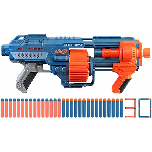 NERF Elite 2.0 Shockwave RD-15 Blaster, 30  Darts, 15-Dart Rotationstrommel, Schnellfeuer mit Pump-Action, mit