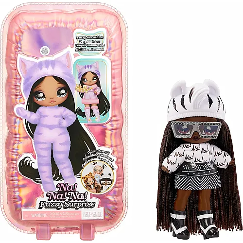 MGA NA! NA! NA! Surprise Fuzzy Surprise Serie 1 - Zara Zebra - 18 cm posierbare Modepuppe - Zebra-inspiriert mit beflocktem K�rper, Beanie, Brille, Outfit, und Schuhe - Spielzeug f�r Kinder ab 4 Jahren