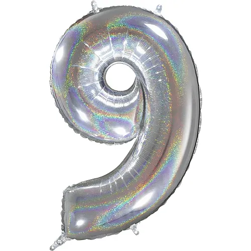 Ballon aluminium chiffre 9 argent holographique - 66 cm