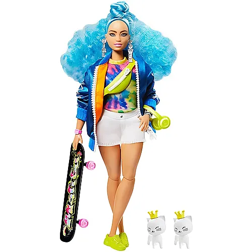 Barbie Extra Puppe mit blauen Haaren und Skateboard