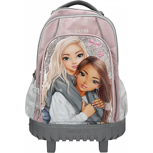 Depesche TOPModel My BFF - Schulrucksack Trolley in Rosa und Grau, mit Model Motiv und Glitzer, Schultasche mit Teleskopgriff