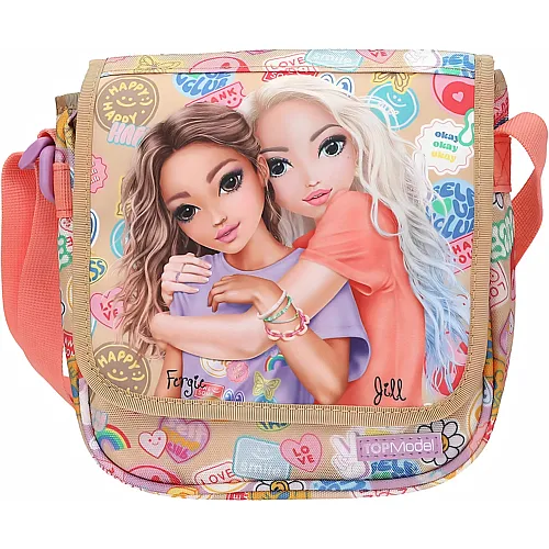 Depesche TOPModel Girl Power - Kleine Umh�ngetasche in Beige, mit Model Motiv und bunten Batches, Handtasche mit verstellbarem