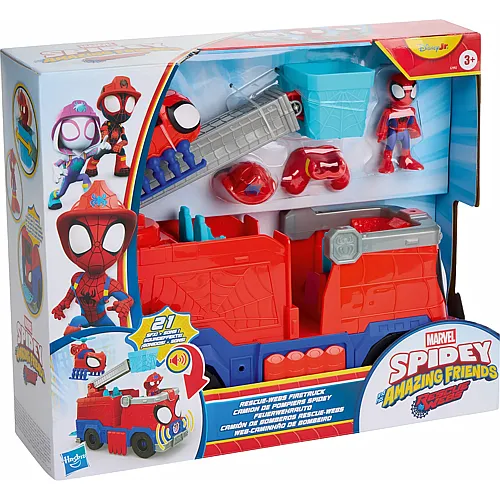 Hasbro Spidey Rescue Webs Feuerwehrauto mir Rettungskorb, Figur 7.6 cm,
