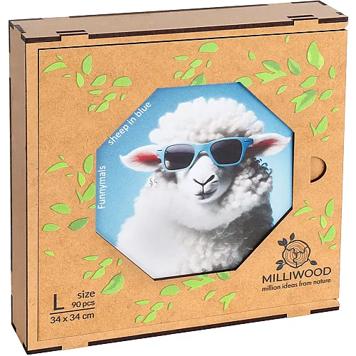 Milliwood Puzzle Holz L Sheep in blue 90 Teile, 34x34 cm, Oktagon, Serie Funnymals, ab 5 Jahren