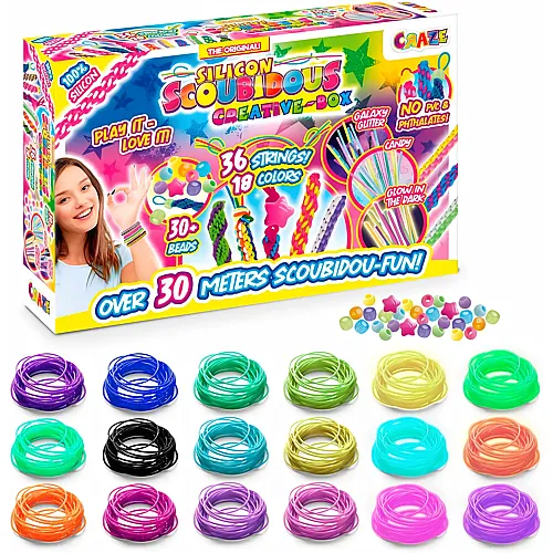 Scoubidou B�nder Kreativ Box mit 36 Silikon Skubidub�nder inkl. 30+ Anh�ngsel & Perlen