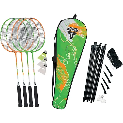 Badminton Set 4 Attacker Plus 4 Schlger mit multifile Saiten, 3 Federblle, Netzgarnitur
