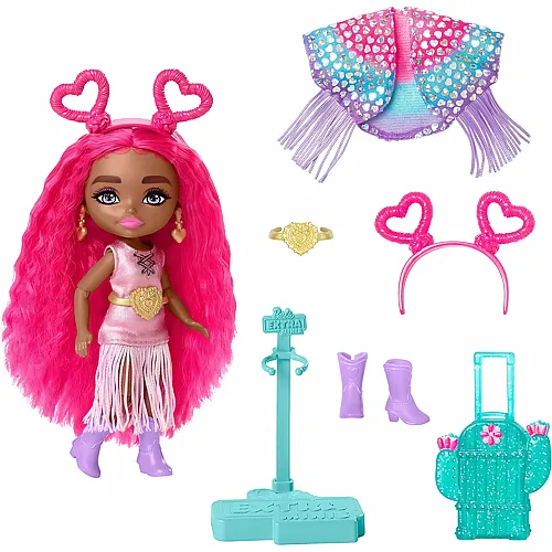Mini Puppe mit W�stenoutfit, glitzerndem Cape und Kaktus-Koffer