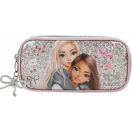 Depesche TOPModel My BFF - Schlampertasche in Rosa und Grau, mit Model Motiv und Glitzer, Federtasche mit Schleifen-Anh�nger