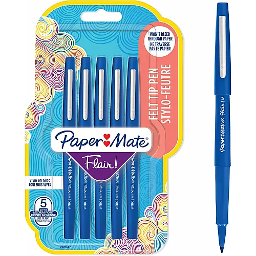 NEYNO Paper Mate Flair Filzstifte | mittlere Spitze (0,7 mm) | Blau | 5 St�ck