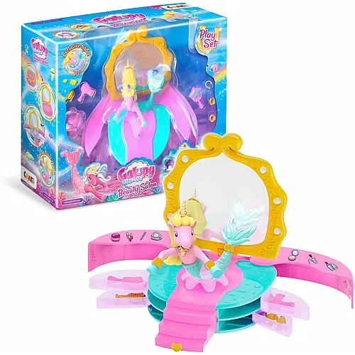 CRAZE GALUPY Mermaid Beauty Salon - Faltbares Spielset mit 1x Einhorn Figur mit Meerjungfrauenflosse, Spiegel, Schubladen & Blumendrehstuhl