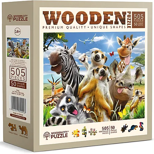 Wooden City Puzzle Holz L Welcome to Africa 505 Teile, aussergewhnliche Formen, 37.7x25.4cm, ab 14 J.