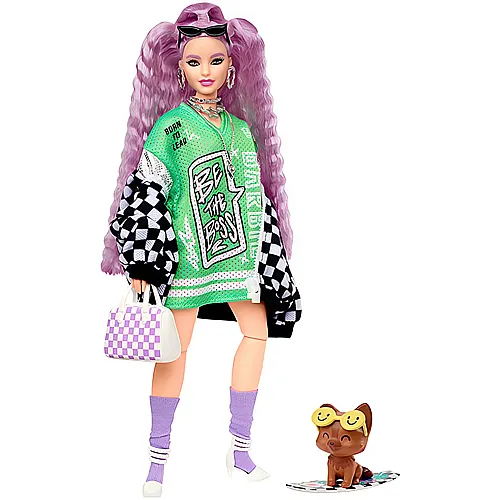 Barbie Extra Puppe in schwarz-weisser Rennwagejacke mit lila Haaren