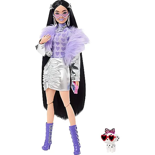 Puppe mit lila Flausch-Kragen & Stiefel schwarze Haare