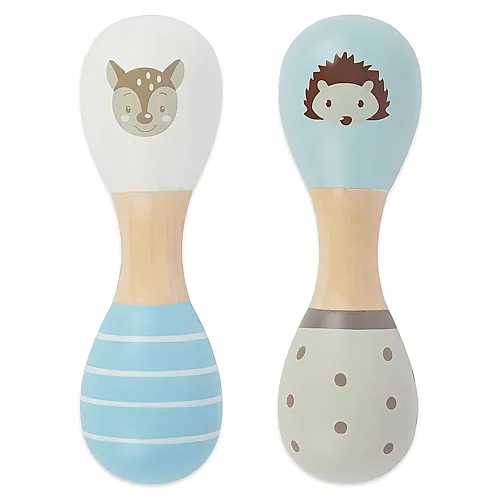 Bieco Baby Rassel Holz Waldtiere | Hantelrassel | 2er Set | 19 cm | Kinder Rassel Musikinstrument | Holzrassel Baby