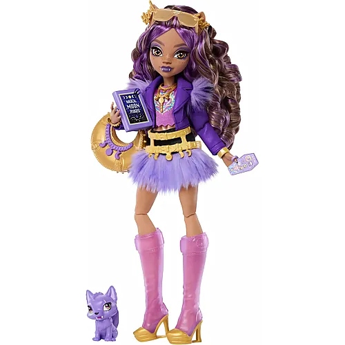 Mattel Monster High Clawdeen Wolf in violetter Moto-Jacke und Fellrock mit Wolfsjungem Crescent